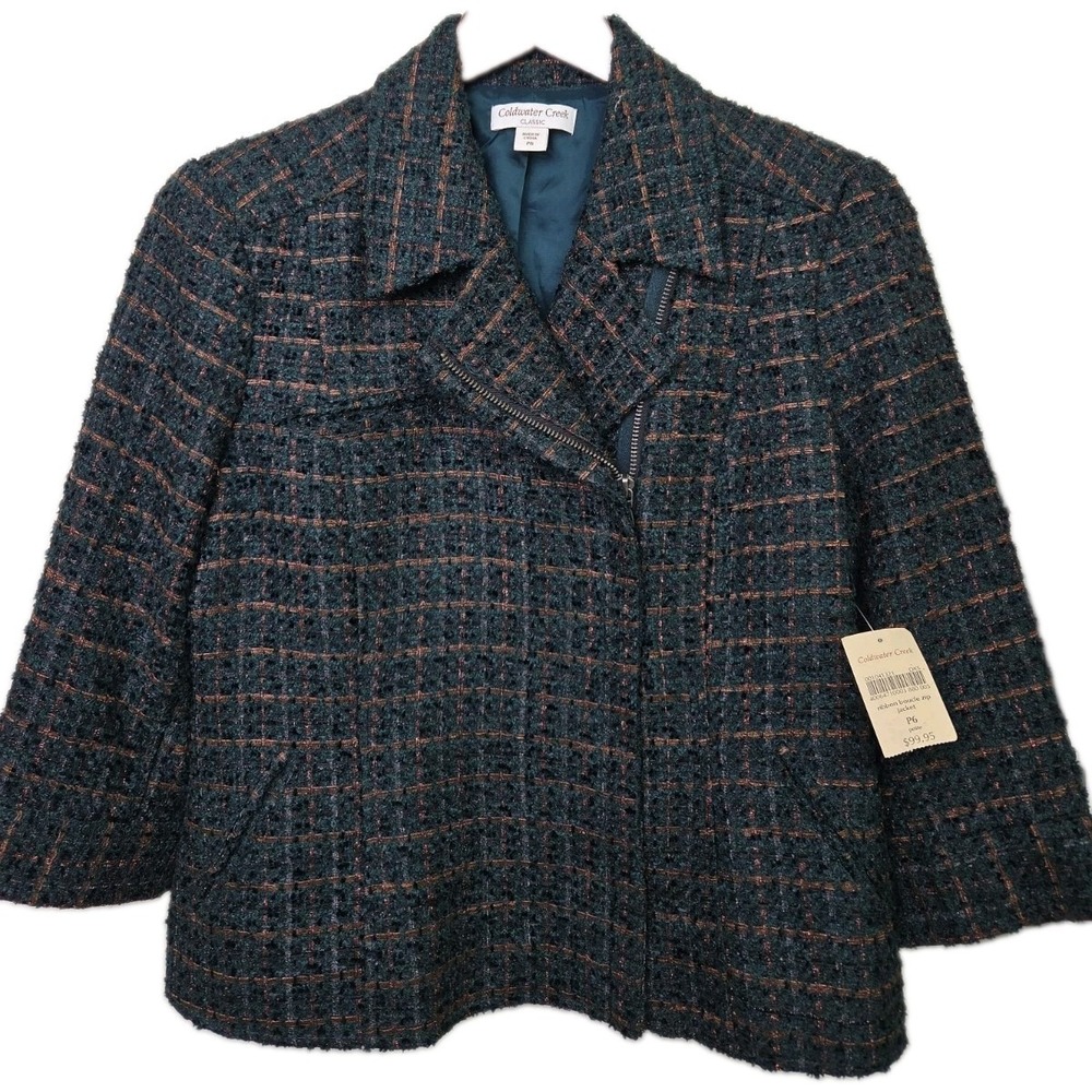 NWT Coldwater Creek Ribbon Boucle Zip Jacket Blazer Green Metallic Crop Size 6P